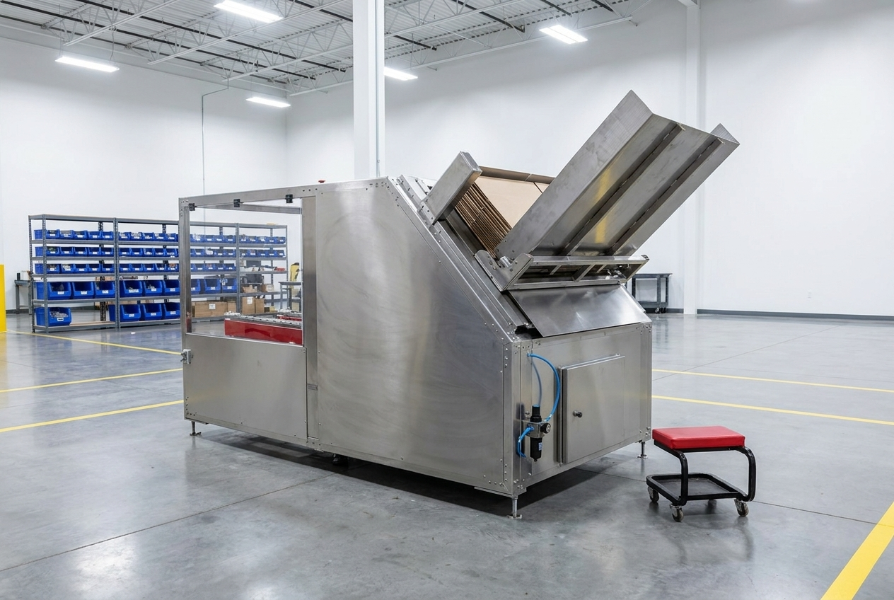 Stainless case erector with magazine and conveyor sections
