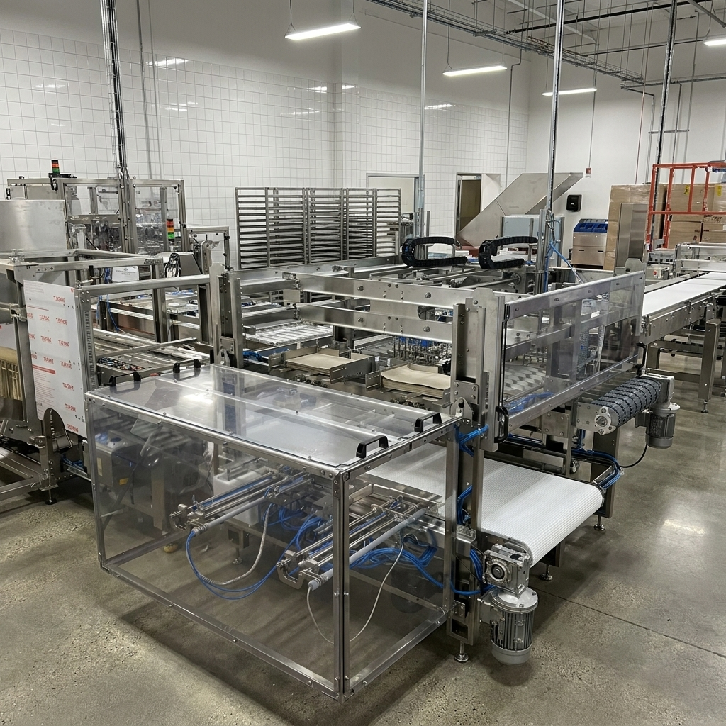 Stainless case packing machinery assembled on a production floor