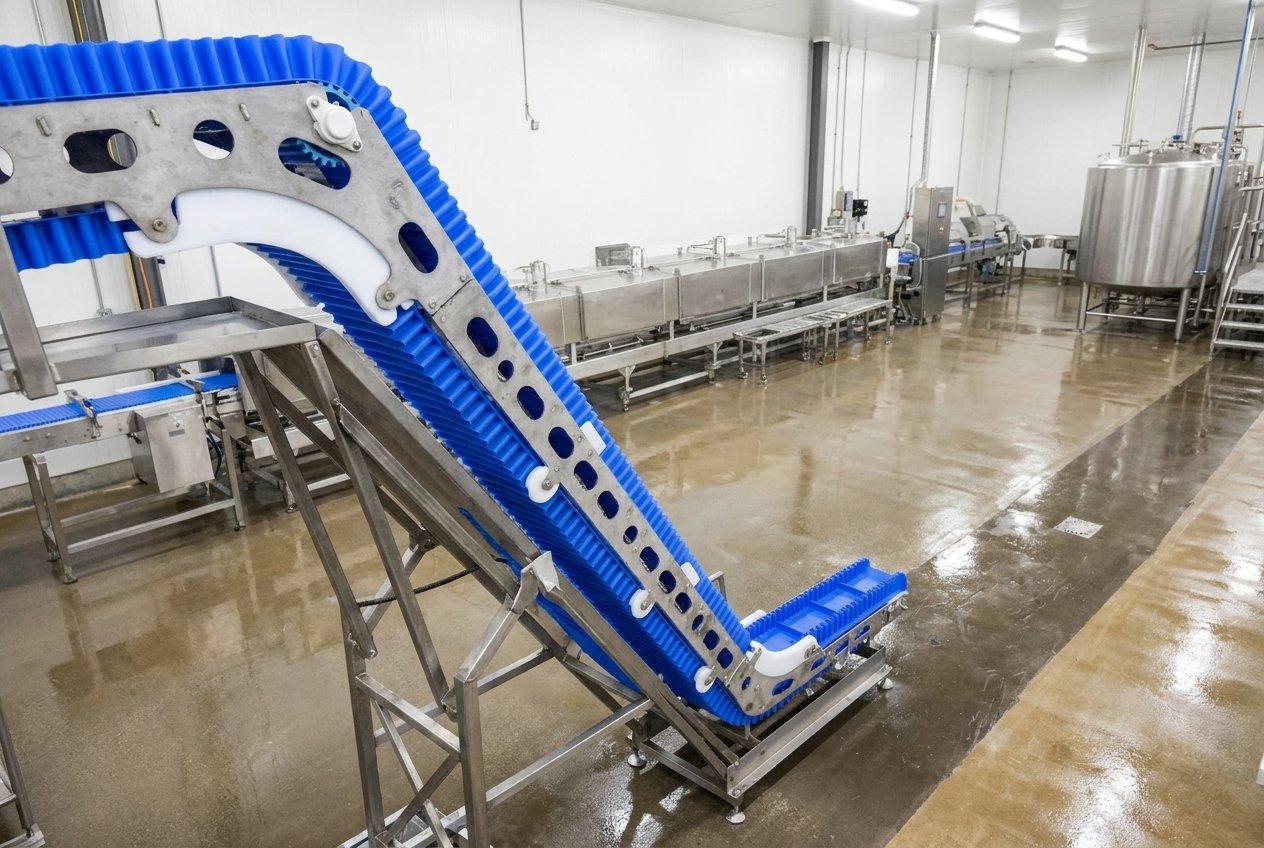 Blue incline conveyor installed in a production environment